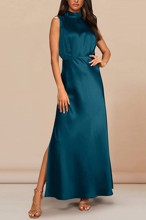 Rosiedress Sleeveless Mockneck Side Split Maxi Satin Dress Lake Blue