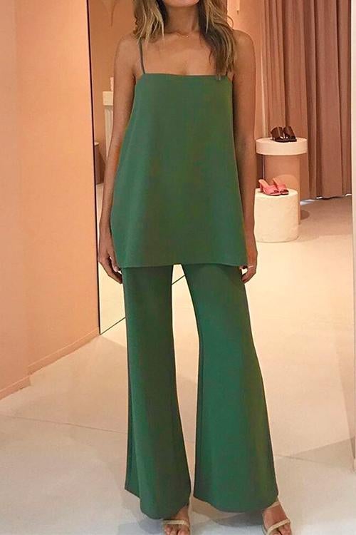 Rosiedress Solid Cami Top Wide Leg Pants Set Green