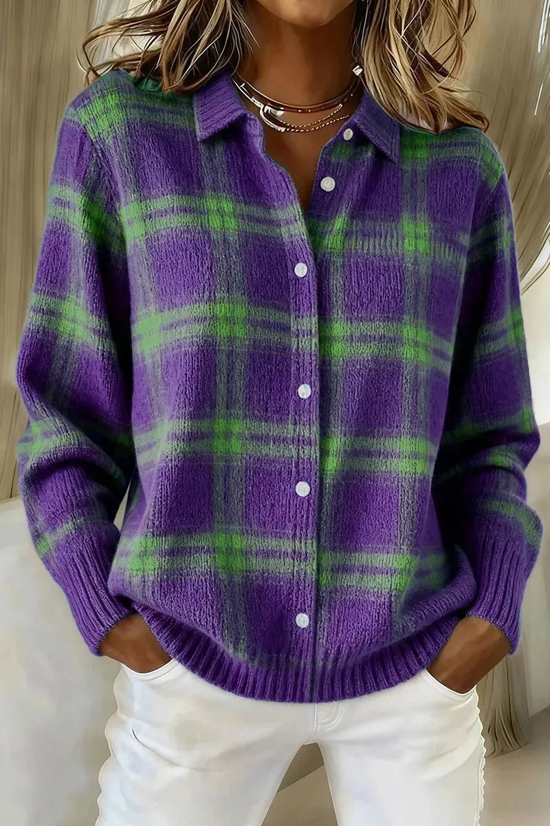 Full Size Plaid Button-Down Knit Cardigan Plus Size