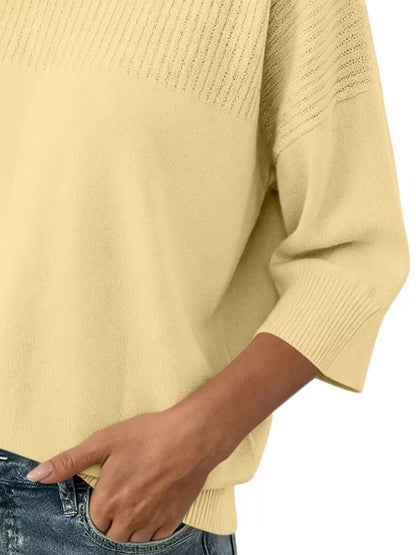 Elegant Crew Neck Eyelet Ribbed Sweater