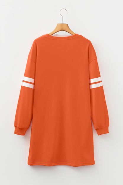 Orange Leopard Print Pumpkin Graphic Varsity Striped Long Sleeve Tunic Dress