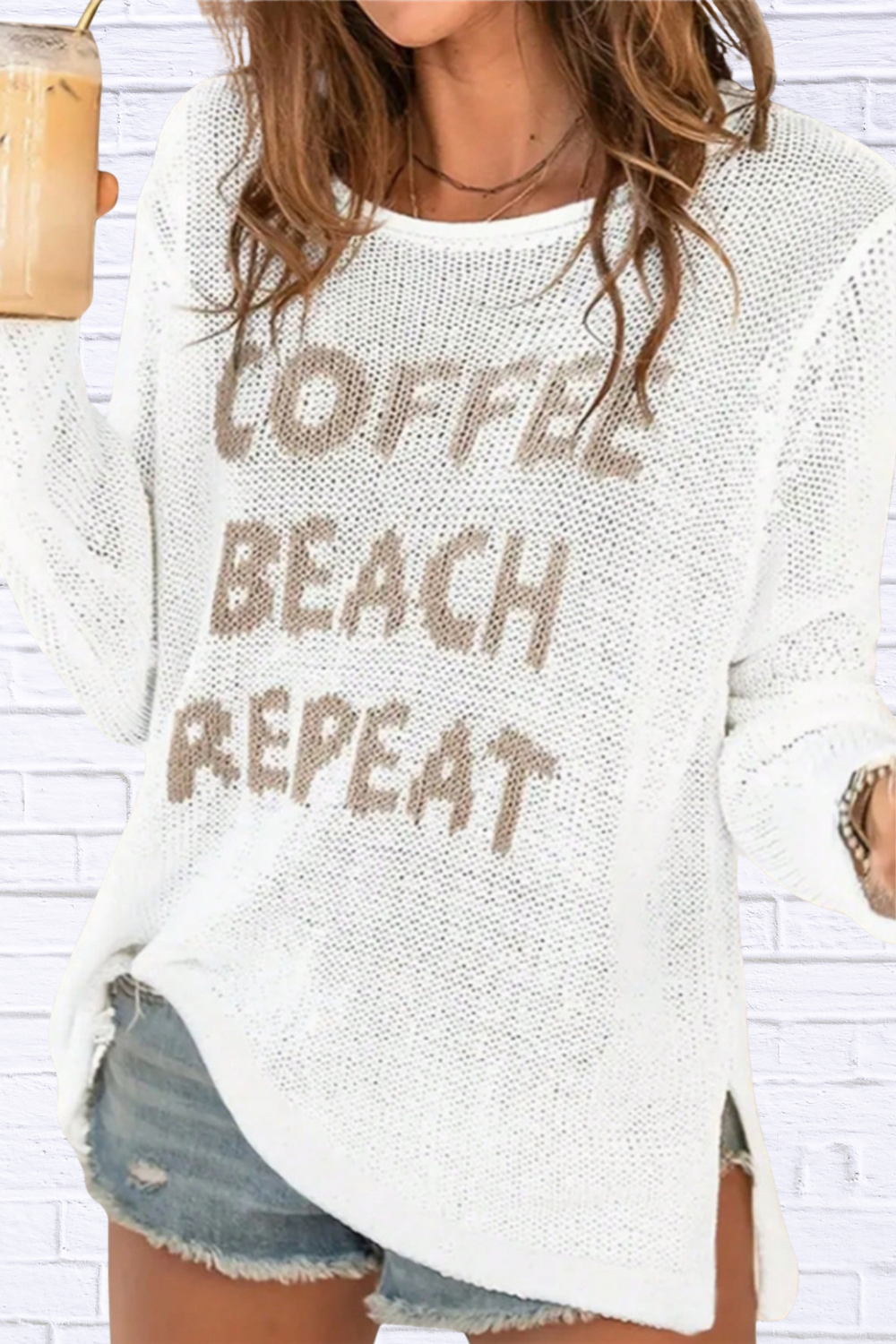 Coffee Beach Letter Side Slit Knit Top