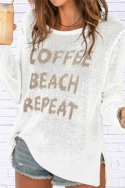 Coffee Beach Letter Side Slit Knit Top
