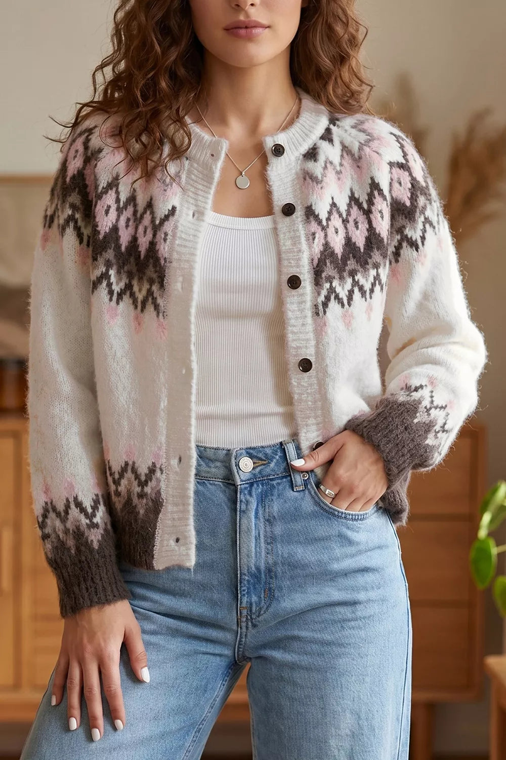 Geometric Pattern Brushed Knit Button Cardigan