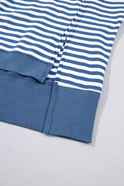 Stripe Color Block Trim Raw Seam Split Hem Loose Sweatshirt