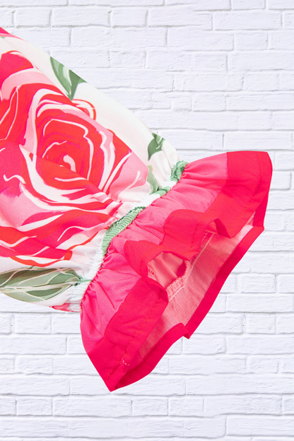 Floral Frilled V-Neck Short Sleeve Blouse