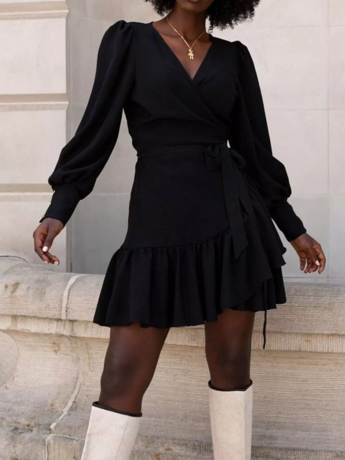 Printed Surplice Long Sleeve Wrap Mini Dress
