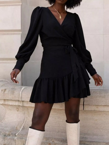 Printed Surplice Long Sleeve Wrap Mini Dress