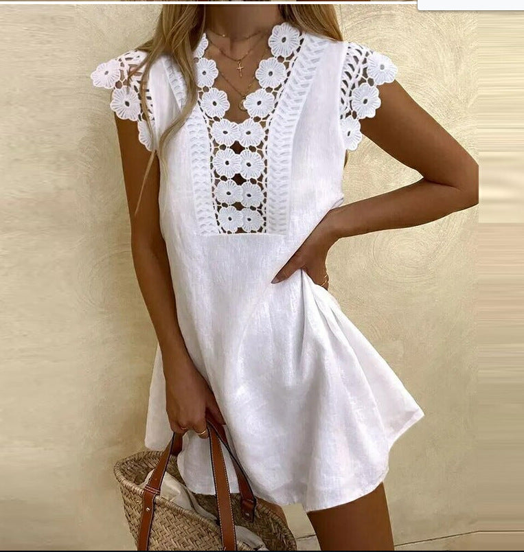 Chic Lace Trim Patchwork Mini Dress