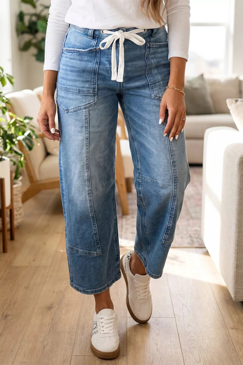 Solid Patchwork Grommet Tie Waist Loose Ankle-Length Jeans