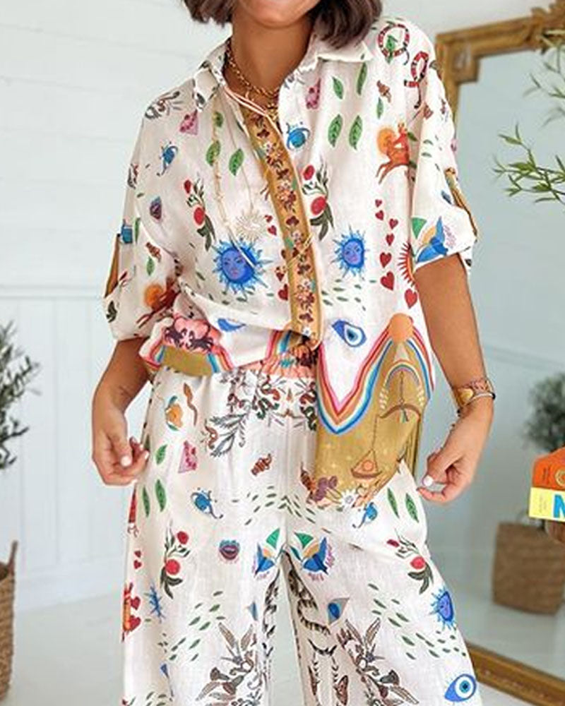 Fashion Printed Short Sleeve Shirt & Pants Two-piece Set