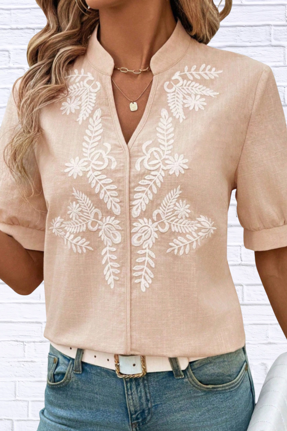 Embroidered Notched Neck Blouse for Women | Black Short Sleeve Floral