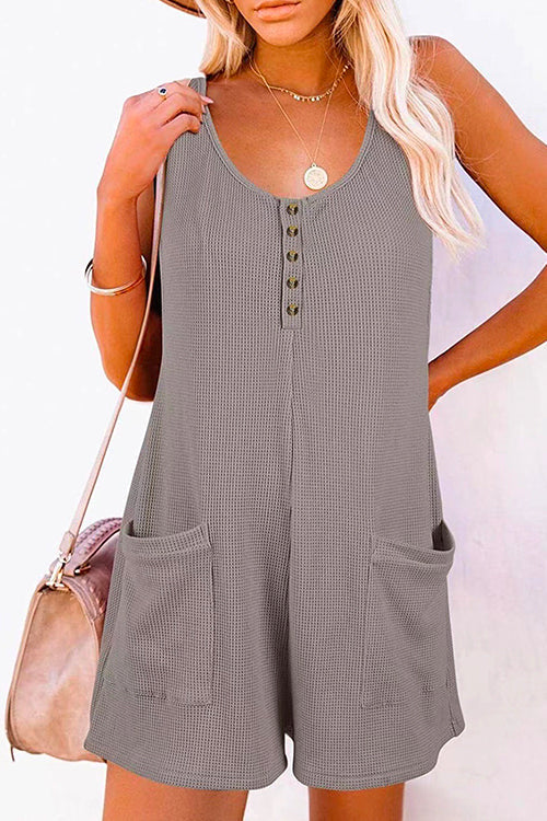 Rosiedress Scoop Neck Pockets Solid Tank Romper Gray