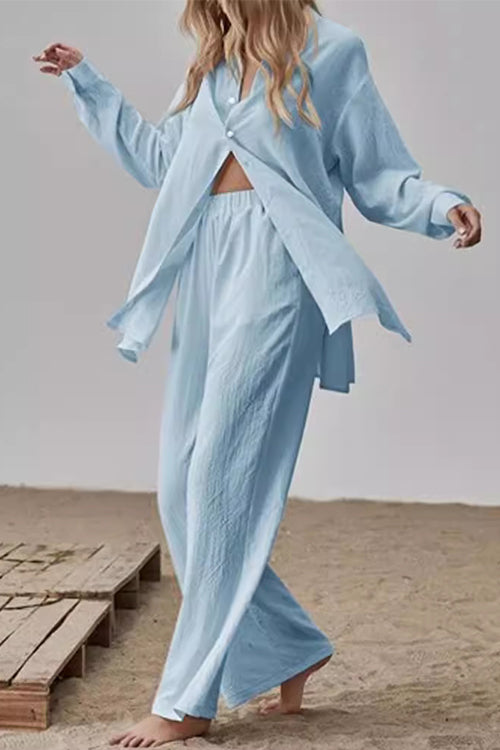 Long Sleeves Side Slit Blouse Shirt Elastic Waist Wide Leg Pants Set LightBlue