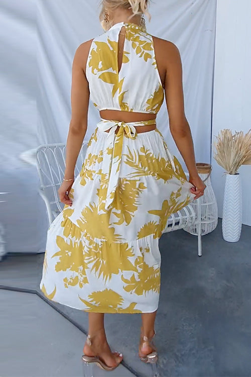 Sleeveless Cut Out Tie Back Printed Midi Dress