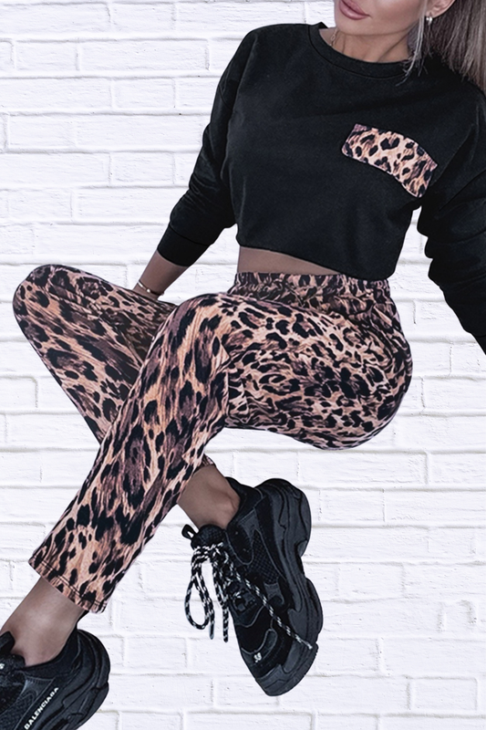 Round Neck Top and Leopard Pants Set – Women’s Two-Piece Casual Chic Outfit for Everyday Style