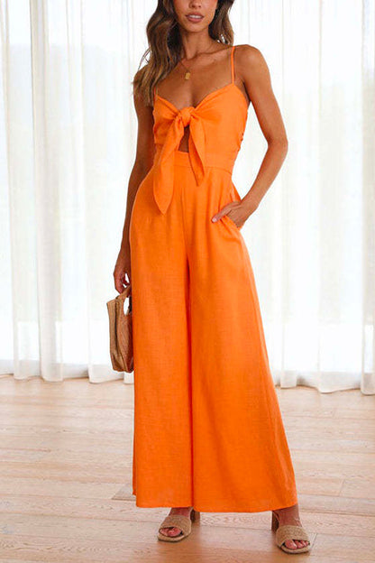 Knot Front Cut Out Wide Leg Cami Jumpsuit Orang