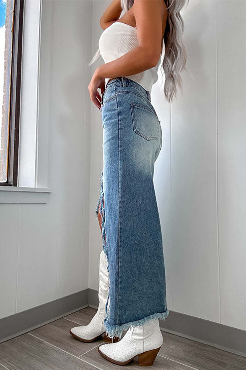 Frayed High Low Hem Distressed Maxi Skirt