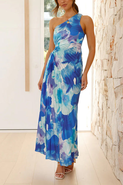 Rosiedress One Shoulder Sleeveless Cut Out Printed Swing Maxi Dress