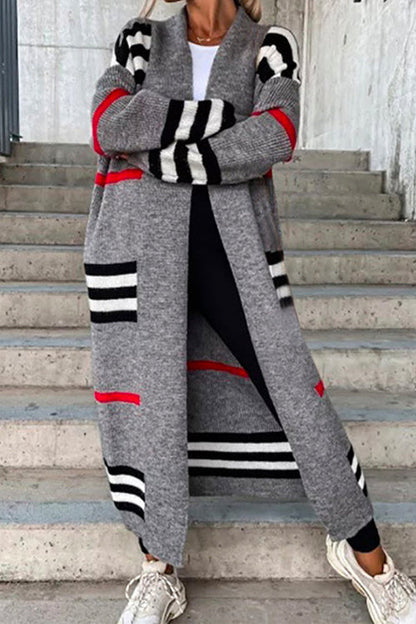 Open Front Color Block Striped Splice Long Sweater Cardigan Gray