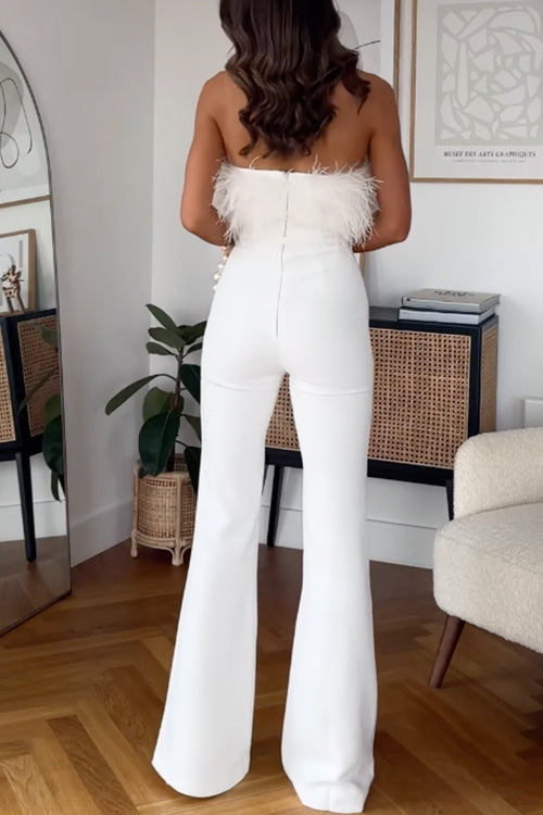 Rosiedress Strapless Feather Tube Top Flare Bottoms Jumpsuit