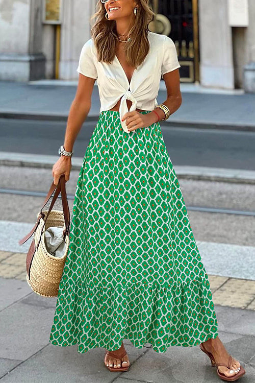 High Waist Printed Maxi Ruffle Swing Skirt LightGreen