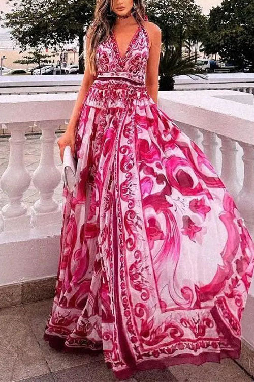 Rosiedress Halter V Neck Open Back Waisted Bohe Print Maxi Swing Dress HotPink