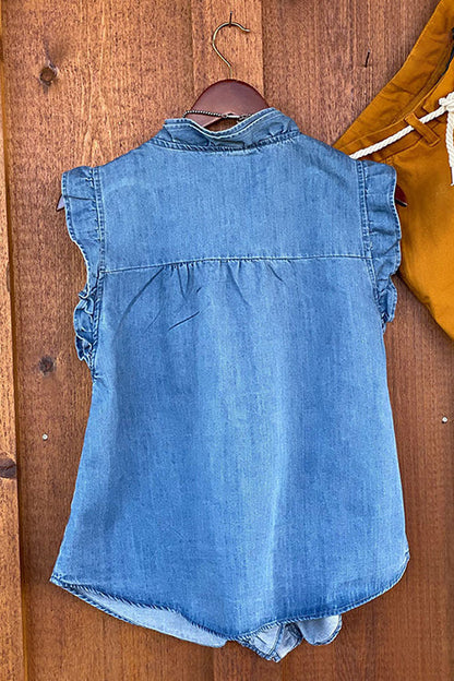 Rosiedress V Neck Ruffle Trim Sleeveless Denim Top