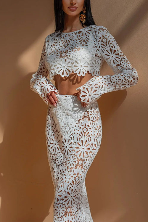 Rosiedress Crochet Lace Cover-up Crop Top and Maxi Skirt Vacation Set