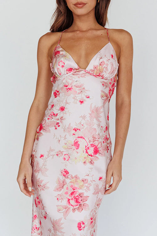 V Neck Open Back Floral Print Satin Maxi Cami Dress