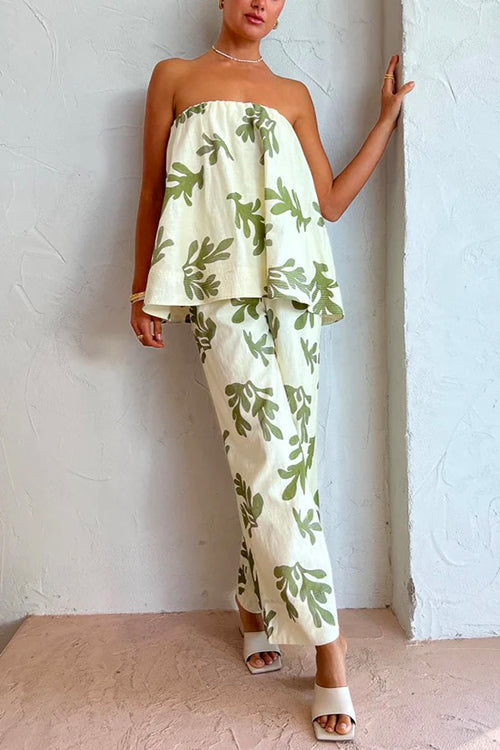 Off Shoulder Sleeveless Loose Top Wide Leg Pants Printed Holiday Set Printed