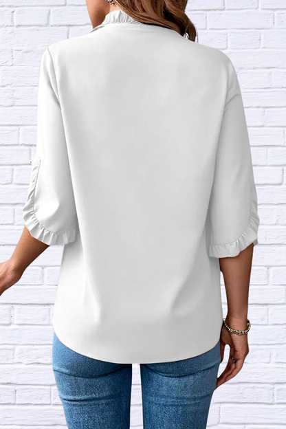 Ruffled V-Neck Short Sleeve Blouse