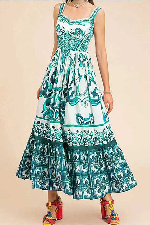 V Neck Waisted Floral Print Swing Maxi Cami Dress Green