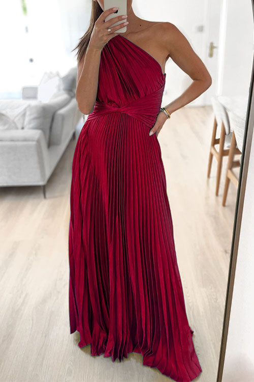 Draped One Shoulder Waisted Pleated Maxi Party Dress Burgundy