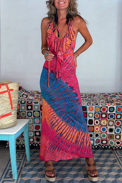 Rosiedress Ruffle Trim Halter Lace-up Backless Tie Dye Maxi Dress HotPink