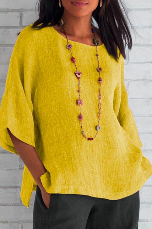 Rosiedress 3/4 Sleeve Side Split Solid Cotton Linen Top Yellow