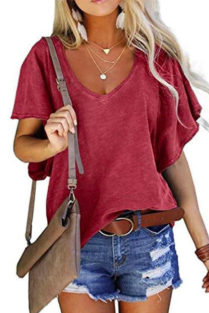 Rosiedress V Neck Flare Sleeve Summer T Shirt Burgundy