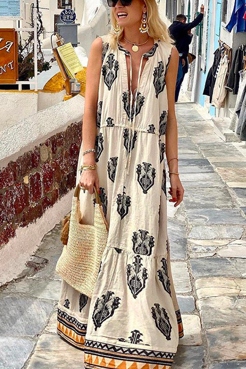 Rosiedress Tassle Deep V Neck Sleeveless Printed Maxi Swing Holiday Dress