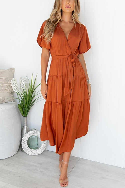 Rosiedress Wrap V Neck Flutter Sleeves Tie Waist Tiered Midi Dress Burnt Orange