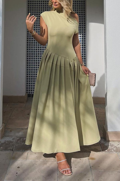 Rosiedress Elegant Asymmetric Shoulder Pleated Swing Maxi Dress