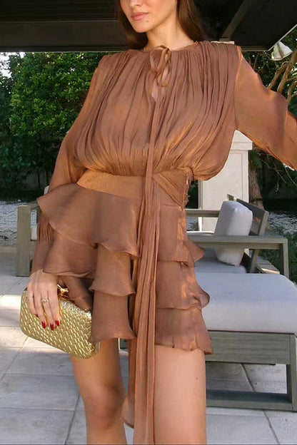 Lantern Long Sleeves Draped Ruffle Layered Mini Dress with Shorts