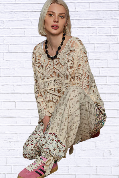 POL Round Neck Weave Knit Pattern Cropped Cover Up