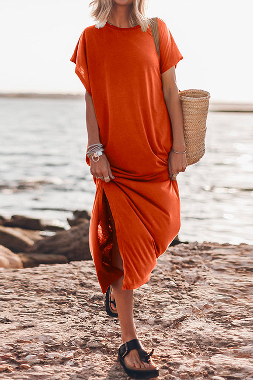Solid Short Sleeve Side Split Maxi Casual Dress Orange