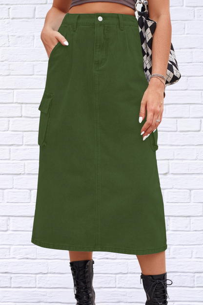 Slit Buttoned Denim Skirt with Pockets