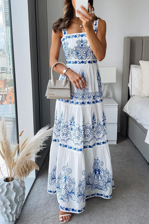 Square Neck Tiered Unique Print Maxi Cami Dress Blue