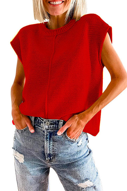 Rosiedress Crewneck Cap Sleeves Pullover Sweater Red