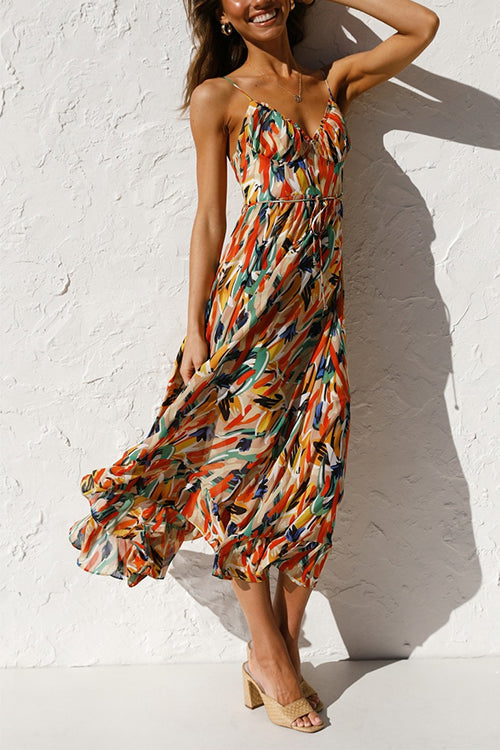 V Neck Tie Waist Abstract Print Midi Cami Dress