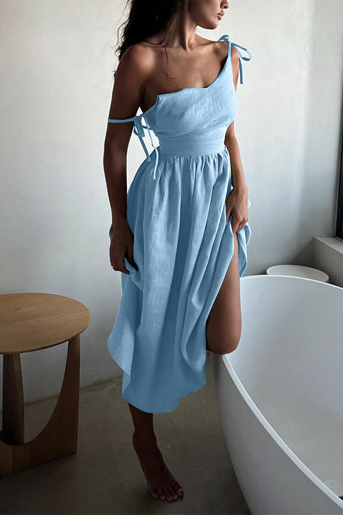 Tie Shoulder Backless Waisted Swing Maxi Cami Dress LightBlue