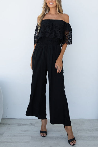 Off Shoulder Waisted Wide Leg Ruffle Lace Jumpsuit Black