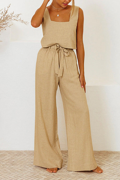 Square Collar Crop Tank Top Tie Waist Wide Leg Pants Cotton Linen Set Khaki